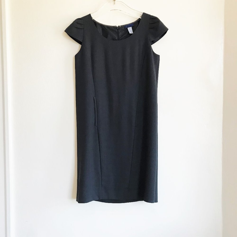 Vintage J.Crew 100% Wool Shift Dress Dark Gray Charcoal Cap Sleeve Pockets XS 2